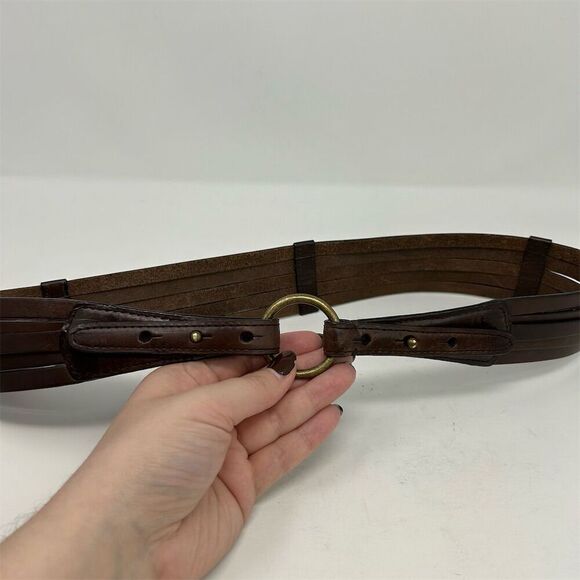 Eddie Bauer Brown Layered Leather Boho Waist Belt Brass D-Ring Adjustable Size M - Picture 3 of 7